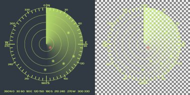 İzole radar ekranı. Radar ışını, soluk izler ve ekose arka planda şeffaf etkileri olan daireler. Çemberi sayılarla ve başlıca yönlerle gösterilen açı derecelerine göre ayır.