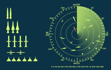 Non-existent military radar interface. Strike and Reconnaissance Drones, Cruise Missiles and Ballistic missile on radar screen. Radar beam, fading trace and circles with transparent effects. clipart