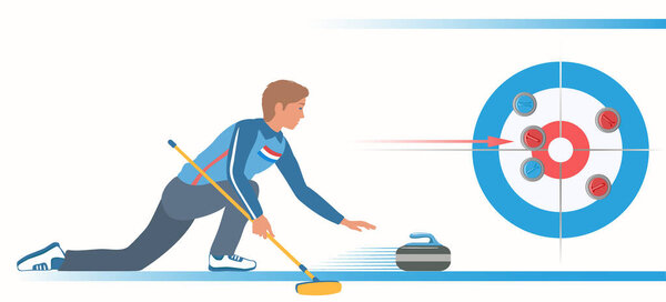 Зимний спорт. Человек, играющий в керлинг. Игрок с камнем и кистью на катке. Керлинг-лист и камни рядом с кнопкой по центру на заднем плане. Стрелка указывает направление движения. Векторная иллюстрация