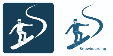 Snowboard Amblemi. Snowboardcu tepenin aşağısında manevra yapıyor. Kış oyunlarının logolarından biri. İki renk, siyah mavi ve beyaz grafikler. Vektör illüstrasyonu.