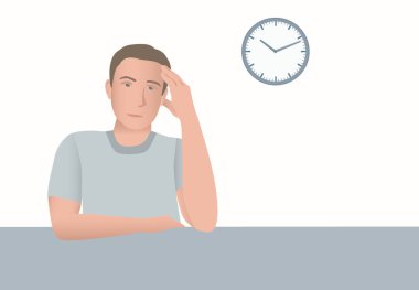 Bir adam masada oturmuş, bir elini yüzeyde dinlendirirken diğeri de kafasına dokunarak derin düşüncelere dalmış. Arkasında, duvardaki saat, zaman ve içgözlem üzerine yoğunlaşıyor..