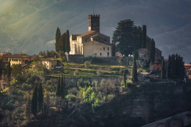 Barga town, Duomo or Collegiata San Cristoforo church on the top of the hill. Garfagnana, Lucca province, Tuscany region, Italy.