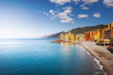 Camogli beach and the old church on the sea. Liguria region, Italy