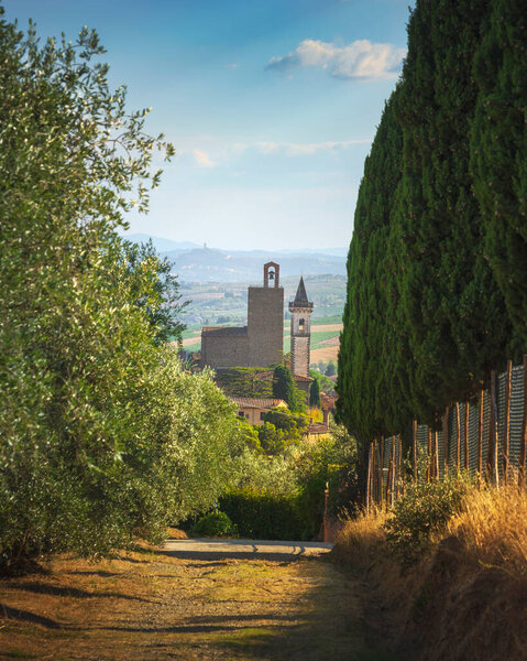 Деревня Винчи, место рождения Леонардо, вид на замок Конти Гвиди и церковь Санта Кроче с тропы с кипарисами и оливковыми деревьями. Флоренция, провинция Тоскана, Италия
