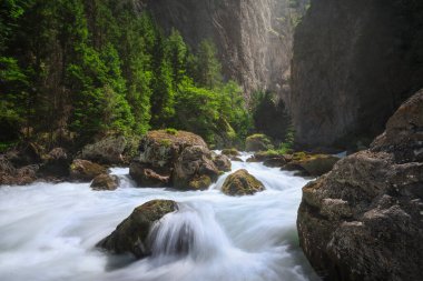 Pre Saint Didier Orrido 'daki akarsu, Aosta Vadisi' ndeki bu derin vadinin yaz manzarası. İtalya.