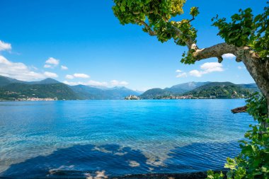 Orta göl manzarası. Ön planda bir ağaç. Orta San Giulio köyü ve arka planda San Giulio adası. Piedmont bölgesi, İtalya, Avrupa.