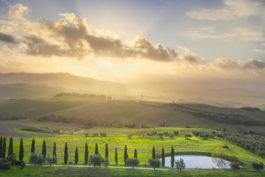 Kırsal alan, yuvarlanan tepeler, küçük göl, selvi ağaçları ve gün doğumunda zeytin ağaçları. Volterra, Toskana bölgesi, İtalya, Avrupa