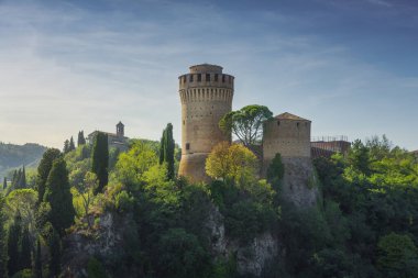 Brisighella historic fortress. View from clack tower. Also known as Rocca Manfrediana or Rocca dei Veneziani. This 1300s architecture was built by the Venetians when they ruled in Romagna. Ravenna province, Emilia Romagna region, Italy, Europe.