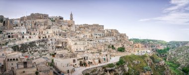 Matera antik kasaba i Sassi, panoramik manzara. Unesco 'nun dünya mirası sitesi. Basilicata bölgesi, İtalya, Avrupa