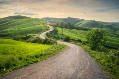 Girit Senesi 'nin Toskana kırsalında virajlı yollar ve yuvarlanan tepeler. Monte Sante Marie 'de bahar manzarası, Siena ili, Toskana bölgesi, İtalya