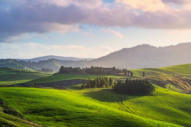 Volterra 'daki Rolling Hills manzarası ve arkada da Val di Cecina manzarası. Pisa ili, Toskana bölgesi, İtalya