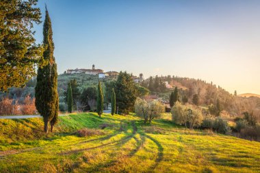 Lajatico köyünün çevresindeki kırsal kesimden görünüşü. Pisa ili, Toskana bölgesi, İtalya