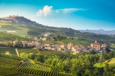 Langhe üzüm bağları gün batımında, Barolo köyü ve La Morra arka planda. Piedmont bölgesi, İtalya, Avrupa