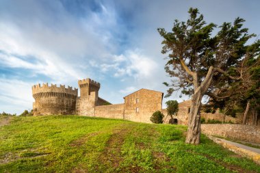 Populonia ortaçağ köyü. Şehir duvarları, kale kuleleri ve ön planda bir ağaç görünüyor. Piombino, Livorno ili, Toskana bölgesi, İtalya.