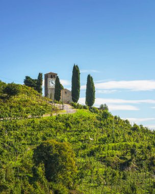 Prosecco üzüm bağı tepesindeki San Vigilio kilisesi. Valdobbiadene ve Conegliano antik şarap toprakları, Albay San Martino, Farra di Soligo belediyesi, Veneto bölgesi, İtalya