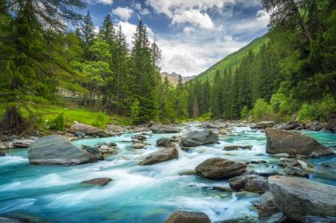 Yazın bir dere, dağ manzarası, Champlong, Cogne. İtalyan Alplerinde Büyük Eyvia nehri. Aosta Vadisi bölgesi, İtalya