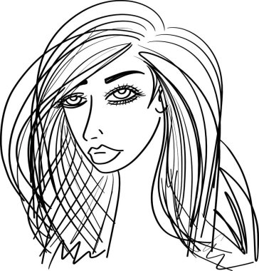 Sketch of Women portrait. young beautiful girl looking front angles. Close up black and white line sketch isolated vector illustration