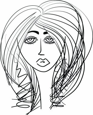 Sketch of Women portrait. young beautiful girl looking front angles. Close up black and white line sketch isolated vector illustration