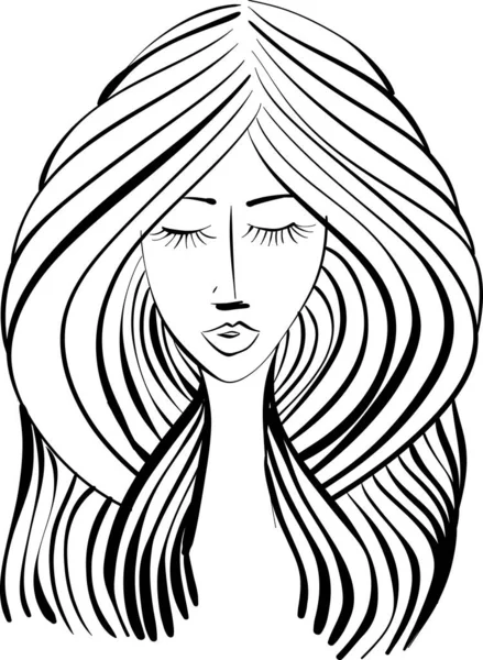 漂亮的女人的脸 漂亮的头发手绘矢量的女孩 关心和美丽 黑白线条素描前插图肖像 — 图库矢量图片
