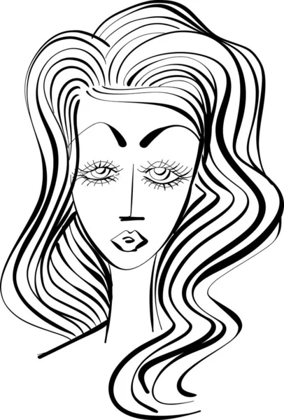 stock vector beautiful woman face, girl with beautiful hair hand drawn vector. Volume, Haircut, Hairdressing. Care and beauty. Black and white line sketch front illustration portrait
