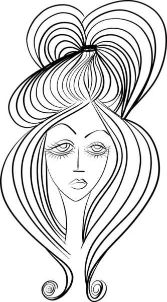 美しい女性の顔美しい髪の毛が描かれたベクトルの女の子 ボリューム ヘアカット ヘアドレッシング 気をつけて 黒と白の線のスケッチフロントイラストの肖像画 — ストックベクタ