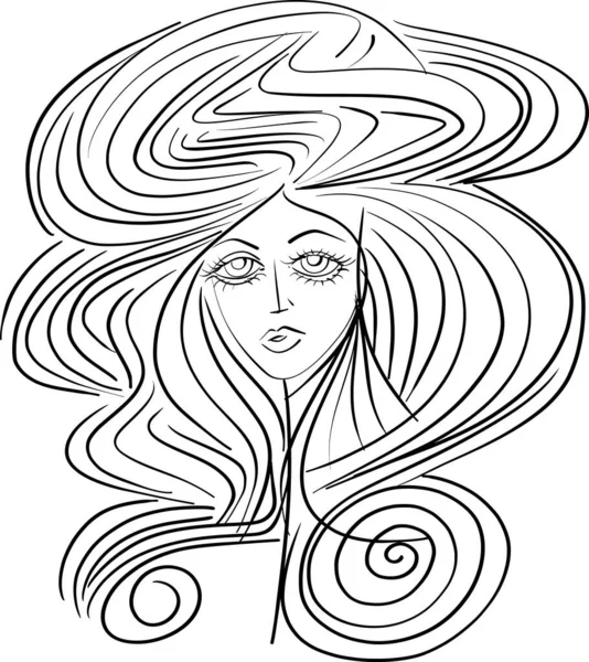 Beautiful Woman Face Girl Beautiful Hair Hand Drawn Vector Volume — Stock Vector