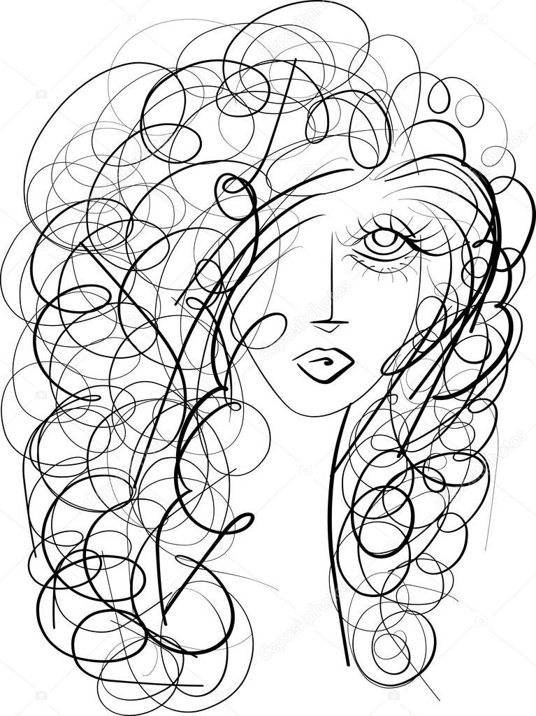 Beautiful woman face, girl with beautiful hair hand drawn vector. Volume, Haircut, Hairdressing. Care and beauty. Black and white line sketch front illustration portrait
