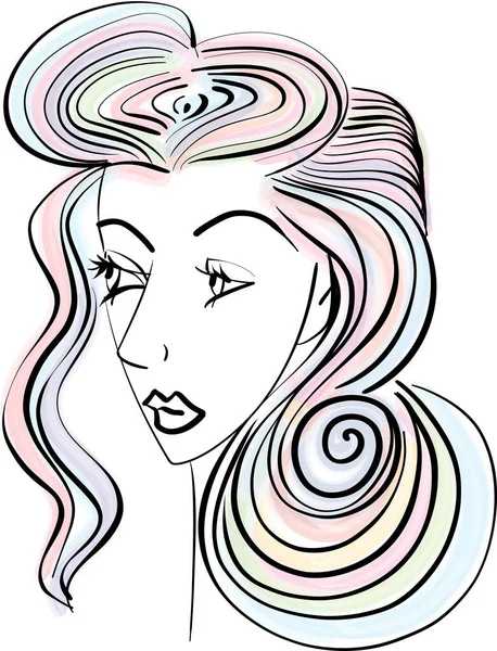 美しい女性の顔美しい髪の毛が描かれたベクトルの女の子 ボリューム ヘアカット ヘアドレッシング 気をつけて カラフルな虹の髪のスケッチイラストの肖像画 — ストックベクタ