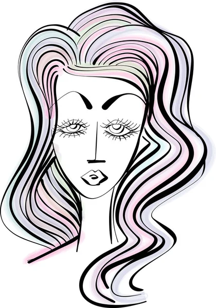 Beautiful Woman Face Girl Beautiful Hair Hand Drawn Vector Volume — Stock Vector