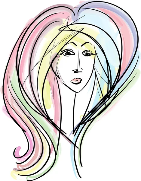 Belle Visage Femme Fille Avec Beaux Cheveux Dessinés Main Vecteur — Image vectorielle
