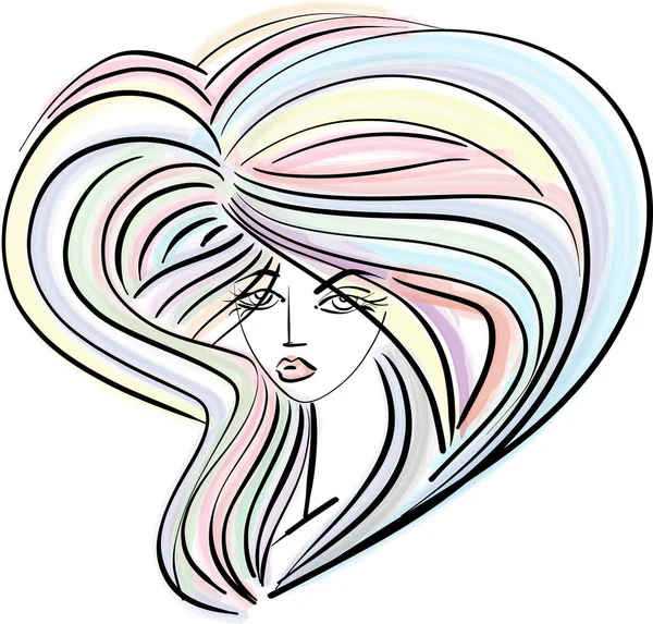 漂亮的女人的脸 漂亮的头发手绘矢量的女孩 关心和美丽 五彩缤纷的彩虹头发素描 — 图库矢量图片
