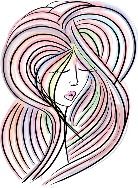 美しい女性の顔美しい髪の毛が描かれたベクトルの女の子 ボリューム ヘアカット ヘアドレッシング 気をつけて カラフルな虹の髪のスケッチイラストの肖像画 — ストックベクタ