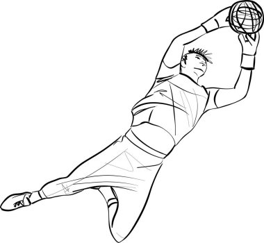 Çekimi durdurmaya çalışan kalecinin çizimi. Vektör illüstrasyonu. 