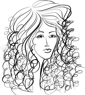 Young beautiful girl with long wavy hair curls. Volume, Haircut, Hairdressing. Black and white line sketch illustration portrait. 