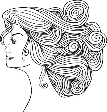 Young beautiful girl with long wavy hair curls. Volume, Haircut, Hairdressing. Black and white line sketch illustration portrait. 