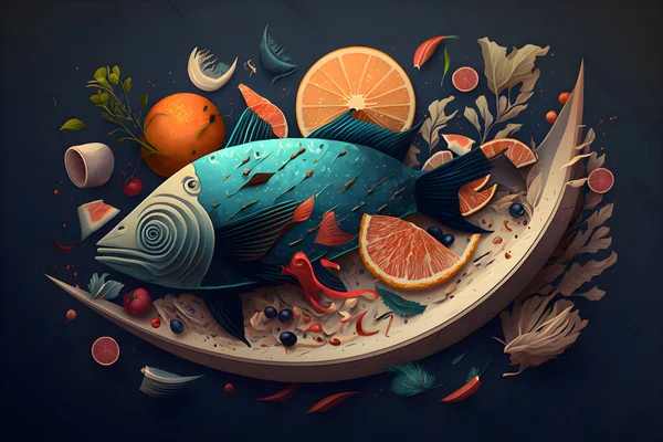 Abstract Baked fish with vegetables on a plate. Fish food and seafood icon illustration design.