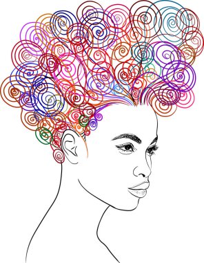 Çizgi Sanat Kadını Yüzü Çizimi. Siyah kadın. Afro-Amerikan Kadın Logosu. Minimalist Yüz. Güzellik Salonu Çizgi Vektör İllüstrasyonu