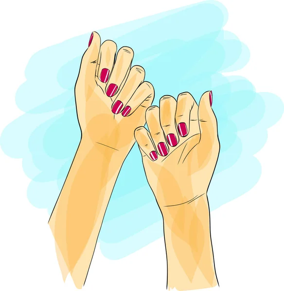 Όμορφη Γυναίκα Χέρι Μακριά Κόκκινα Νύχια Μανικιούρ Σαλόνι Βερνίκι Νυχιών — Διανυσματικό Αρχείο