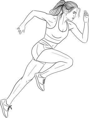 Koşan genç kadın çizimi, El çizimi vektör çizimi