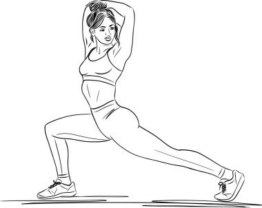Spor salonunda esneme hareketleri yapan genç bir kadın. Sağlıklı vücut, meditasyon ve pilates yapan kadın denge, esneklik ve refah için egzersiz yapıyor.