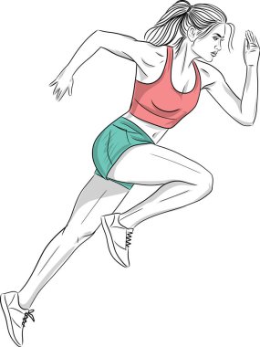 Koşan genç kadın çizimi, El çizimi vektör çizimi