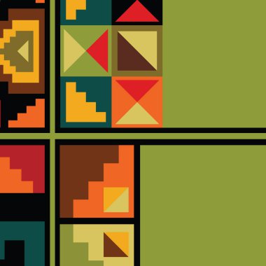 İnka estetiğini çağrıştıran sıcak renkler ve simetrik desenler içeren Andean tekstil sanatından esinlenilmiş canlı bir geometrik kompozisyon