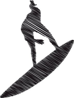Scribble style illustration of a surfer riding a wave. This dynamic silhouette captures the energy and movement of surfing, making it ideal for sports themed designs, adventure branding, or ocean related creative projects