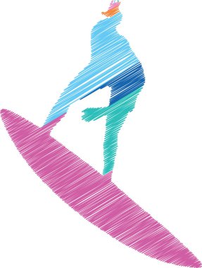 Scribble style illustration of a surfer riding a wave. This dynamic silhouette captures the energy and movement of surfing, making it ideal for sports themed designs, adventure branding, or ocean related creative projects