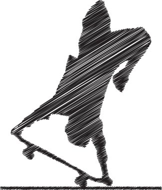 Black and white scribble style illustration of a skateboarder executing a dynamic trick. Perfect for sports branding, urban culture projects, street art designs, and action sports promotions.