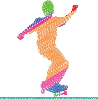 Colorful scribble style illustration of a skateboarder executing a dynamic trick. Perfect for sports branding, urban culture projects, street art designs, and action sports promotions.