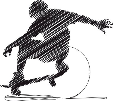 Black and white scribble style illustration of a skateboarder executing a dynamic trick. Perfect for sports branding, urban culture projects, street art designs, and action sports promotions.