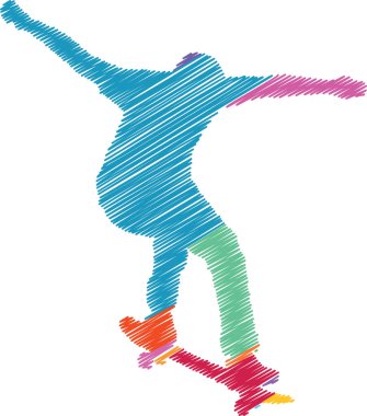 Colorful scribble style illustration of a skateboarder executing a dynamic trick. Perfect for sports branding, urban culture projects, street art designs, and action sports promotions.