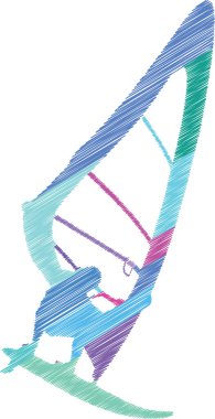 Scribble style illustration of a windsurfer in action. This dynamic silhouette captures the excitement of windsurfing, showcasing the balance, movement, and adventure of water sports. Perfect for sports branding, digital design, and outdoor lifestyle