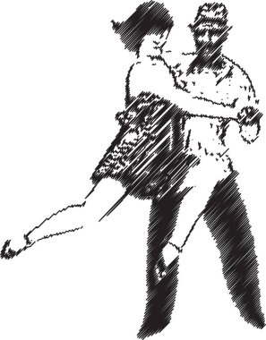 Tutkulu bir şekilde dans eden bir çiftin çarpıcı siyah beyaz karalama stili çizimi. Akışkan çizgiler profesyonel dansçıların zarafetini, hareketini ve yoğunluğunu yakalar ve onu sanatsal projeler, dansla ilgili içerik veya krea için ideal kılar.